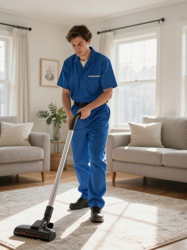 Bright, sunlit New Jersey living room, a professional cleaner in a neat blue uniform using a HEPA vacuum on a light rug, morning light streaming in.