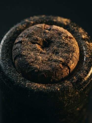 Macro photograph of a dusty, vintage wine bottle cork, low-key chiaroscuro lighting, soft golden-hour reflections, deep graphite and matte gold tones, cinematic atmosphere