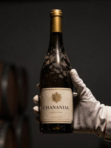 Chiaroscuro shot of a sommelier's hand in a white glove carefully holding an ancient, dusty bottle of wine in a dimly lit private cellar, warm spotlight on the label, dark graphite background