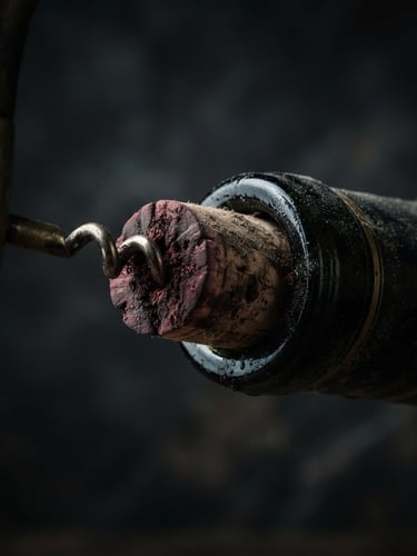 Macro close-up of a dusty vintage wine cork being gently extracted, low-key chiaroscuro lighting, deep graphite and matte gold tones, cinematic atmosphere