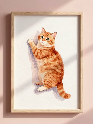 A framed watercolor illustration of a fluffy ginger cat hanging on a warm cozy wall, soft morning sunlight casting gentle shadows, cozy editorial mockup
