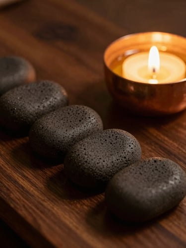 Close-up of warm basalt therapy stones resting on dark polished wood beside a small copper bowl of aromatic oil, soft golden candlelight, rich shadows, 35mm