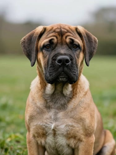 Close-up of an intelligent, calm Boerboel puppy sitting in a manicured lawn, soft overcast UK daylight, shallow depth of field