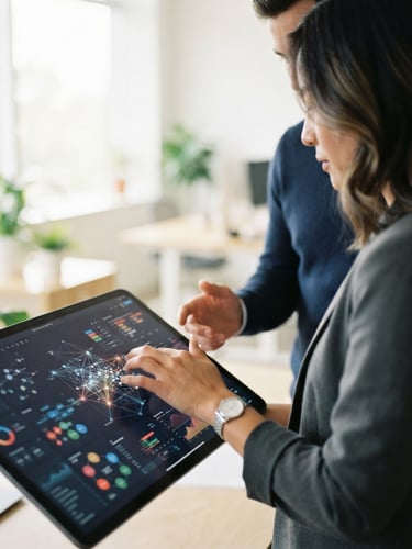 Close-up of a modern strategy session on a screen in a bright minimalist office, shallow depth of field, 35mm