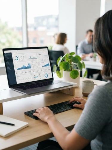 Over-the-shoulder view of a clean desk setup with a marketing dashboard on screen, bright modern business photography, soft natural window light, clean minimalist office setting, shallow depth of field, 35mm