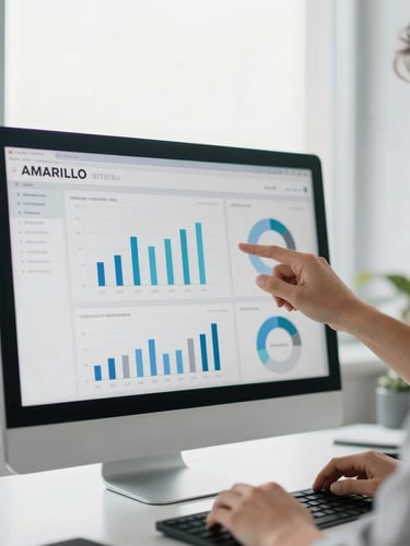 Close-up of a modern, clean workspace in Amarillo, soft natural window light illuminating a strategist reviewing a performance dashboard on a sleek monitor, shallow depth of field, 35mm