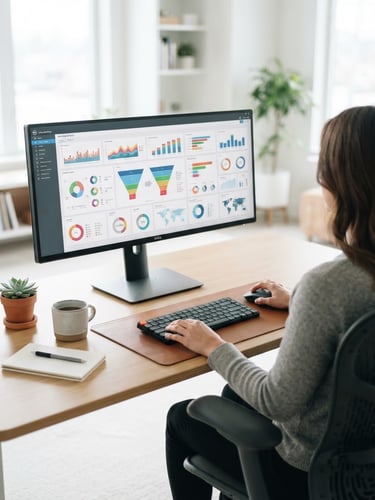 Over-the-shoulder view of a clean desk setup with modern marketing analytics displayed on a high-end monitor, bright natural window light, 35mm