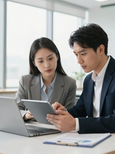 Two professional colleagues collaborating in a bright modern office, reviewing analytics on a tablet, soft natural window light, clean minimalist office setting, shallow depth of field, 35mm