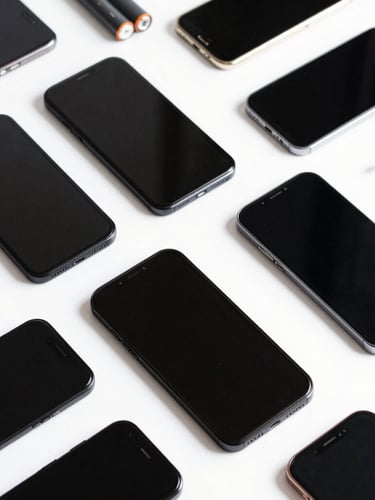 Top-down flat lay of neatly arranged smartphone screens, batteries, and repair tools on a clean white workbench