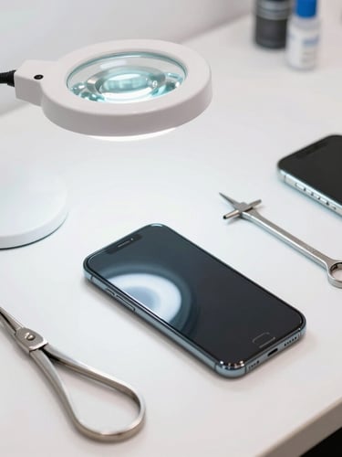 A clean, bright smartphone repair workbench in Panaji, showing neatly organized professional tools, a magnifying lamp, and a phone screen replacement in progress