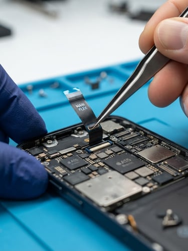 Macro close-up of precise hands using metal tweezers to connect a delicate ribbon cable on a disassembled smartphone motherboard, clean clinical workbench lighting