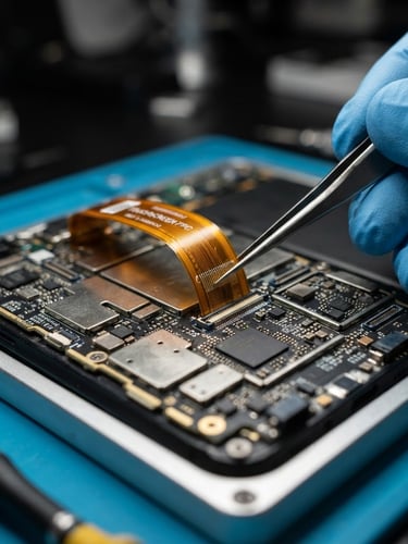 Macro photograph of a technician using tweezers to align a delicate ribbon cable on a smartphone motherboard under bright clinical light
