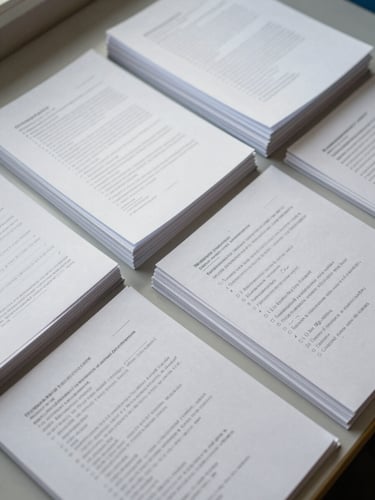 Overhead close-up of organized research documents on a wide work surface, annotated pages and tabbed folders arranged in precise rows, north-facing daylight illuminating paper texture and handwritten margin notes, tight framing emphasizing order and detail