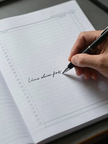 Tight overhead shot of a work surface: stacked ledger pages with ruled columns, a hand using a pen to trace a numbered line entry, under cool overhead studio light that emphasizes paper grain and ink precision