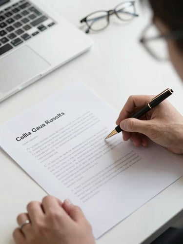 Close overhead view of an organized research workspace: open ledger with handwritten annotations, ruled documents fanned beside a pen, under cool north-facing window light emphasizing paper texture and ink detail