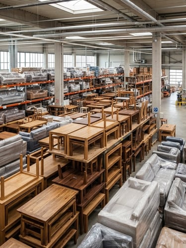 Bright warehouse interior with stacked wooden dining tables and sofas, clean daylight, sharp focus