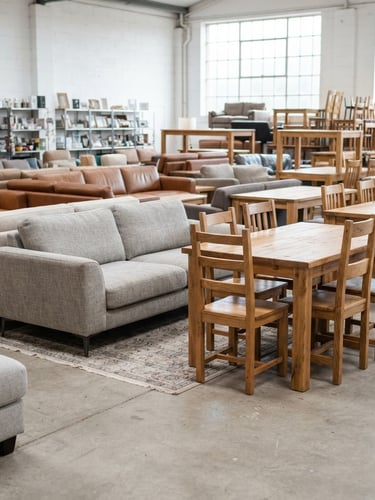 A bright warehouse setting with clean, organized second-hand sofas and wooden dining tables, natural daylight pouring in, sharp focus.