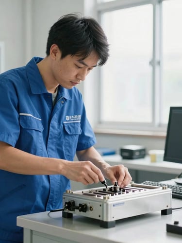Crisp commercial photography of a technician in a branded uniform working on a fixture in a clean utility room, bright natural daylight, clean metallic tones, sharp focus, 35mm lens