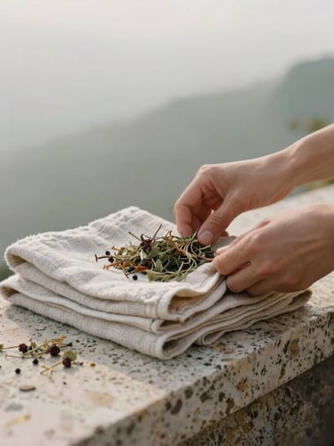 Hands arranging folded linen towels and dried mountain herbs on a raw travertine ledge, soft overcast daylight, 35mm photography