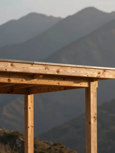 Architectural detail of a private wooden soaking pavilion, clean structured lines blending into the rugged mountain landscape at golden hour