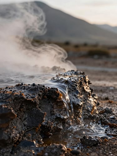 Close-up of mineral-crusted dark rock with hot thermal water trickling over the edge, soft natural mountain light, shallow depth of field