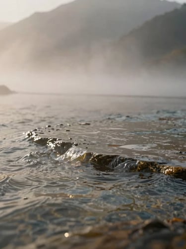 Atmospheric close-up of water texture in a stone pool, light reflecting off the mineral-rich surface, soft morning mist