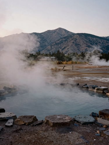 Wide environmental shot of steam rising off a dark stone geothermal pool at dawn, rugged Utah mountains in the background, soft morning mist, 35mm photography