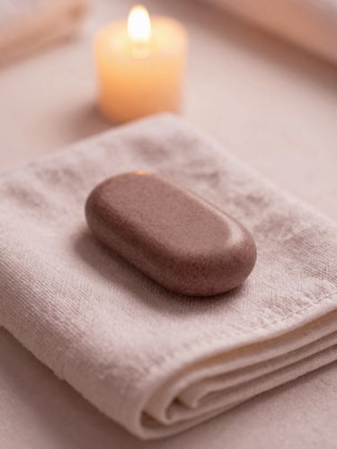 Macro detail shot of warm massage stones on folded linen towels, soft diffused candlelight, shallow depth of field, 35mm