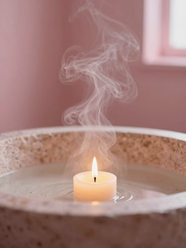 Macro editorial photography of steam rising softly from a warm stone basin in a candlelit room, dusty pink undertones, shallow depth of field