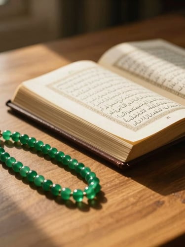 A serene indoor setting showing a wooden table with an open Al-Qur'an, warm golden sunlight casting soft shadows, elegant emerald green prayer beads resting nearby, 35mm photography.