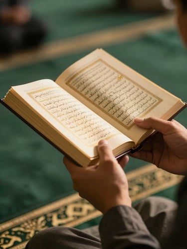 Close-up of hands holding an open Al-Quran during a serene tutoring session, soft golden light reflecting on the pages, warm editorial photography style.
