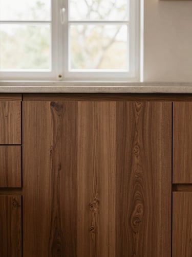 Straight-on architectural shot of a minimalist wooden kitchen cabinet, rich walnut tones, soft natural window light, 35mm