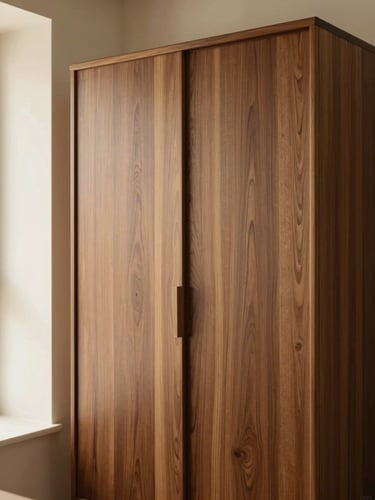 Straight-on architectural shot of a custom walnut wardrobe with clean lines, soft warm window light, rich wood tones, 35mm