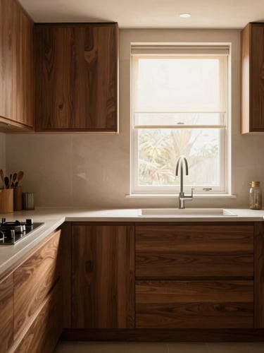 Straight-on architectural shot of a modern modular kitchen, rich walnut veneer cabinets with zero-gap finish, soft warm window light, 35mm