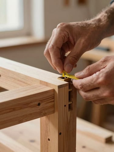 Close-up of a craftsman's hands carefully measuring a mortise and tenon joint on a solid wood frame, warm natural workshop light, shallow depth of field