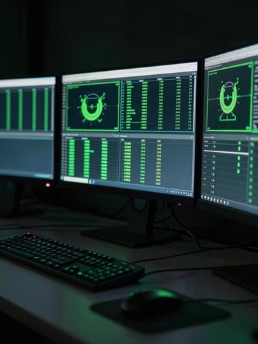 Close-up of a clean multi-monitor trading setup in a dark room, neon green accents reflecting on the screens, moody low-key lighting, sharp focus, 35mm