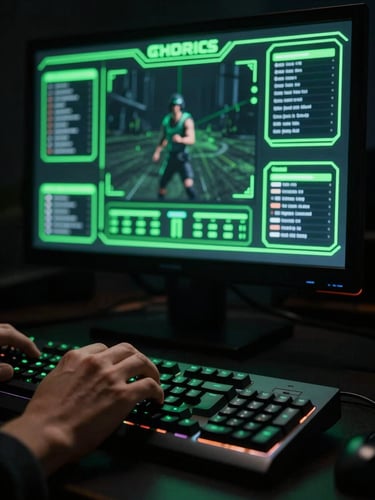 Dark cinematic screen of a trading simulator video game, neon green UI lines, focused hand on a mechanical keyboard, high contrast moody lighting