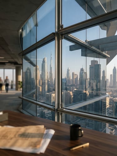 Architectural detail of modern Dubai financial district skyscraper, soft morning window light, deep navy shadows, 35mm editorial corporate photography