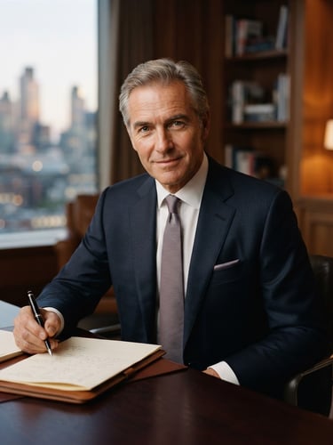 An editorial medium-close portrait of a male executive in a structured, professional setting, soft directional window light, deep navy and warm paper tones, shallow depth of field, 35mm.