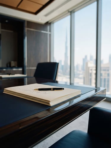 An architectural close-up of a modern corporate boardroom in Dubai, soft natural window light, deep navy tones, shallow depth of field, 35mm