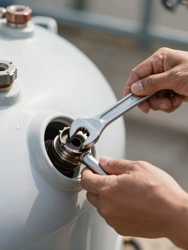 Close-up of a technician hands using a wrench to replace a magnesium anode rod inside a large water tank, bright daylight