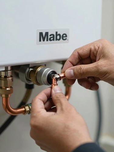 Close-up of a technician's hands adjusting copper pipes on a compact Mabe tankless heater, bright natural lighting, focused macro shot.