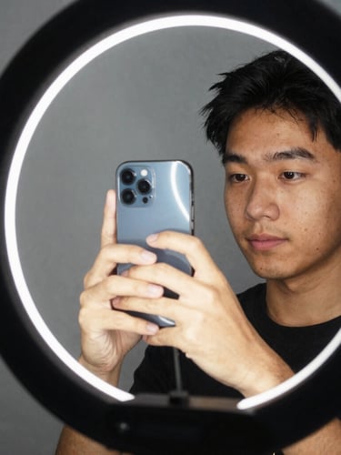Vertical-first candid action shot of a young creator filming themselves with a smartphone, high-contrast natural light, ring-light reflection, dynamic crop, vibrant editorial photography.