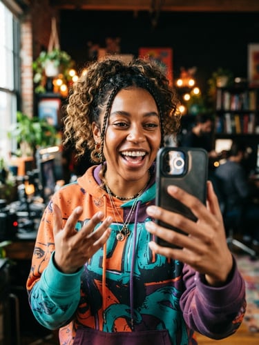Dynamic portrait of a young, diverse digital creator, mid-sentence looking into a phone camera, high-contrast natural light with ring-light reflection, tight crop, vertical composition, vibrant editorial photography, 35mm.