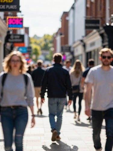 Dynamic street scene in Poole, UK, with high-contrast natural light, blurred motion of people, and vibrant neon accents from shop signs, 35mm, candid medium close-up.