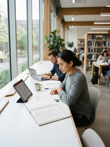 Bright natural daylight illuminating a modern academic research room, clean white desks with open journals and tablets, soft focus on typography, 35mm