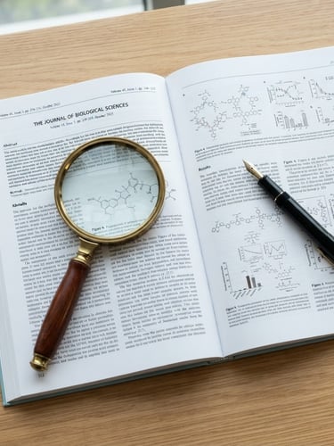 Flat-lay of a printed scientific journal with a magnifying glass and a fountain pen on a clean wooden desk, bright natural library daylight, sharp focus, 35mm
