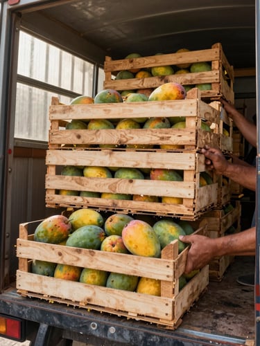 Close-up documentary shot, wooden harvest crates packed with ripe mangoes being loaded onto a truck in an Almería packing facility, natural morning light streaming through a corrugated metal wall, growers' hands gripping crate edges, motion and urgency implied