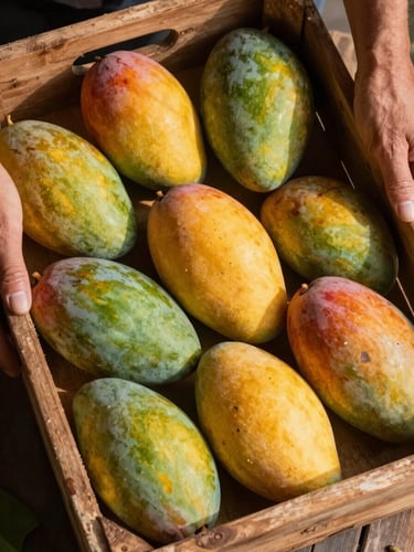 Close-up overhead shot of wooden harvest crates packed with ripe mangoes showing skin variation and natural imperfection, grower's hands gripping crate edge, natural daylight casting warm shadows across the fruit surface