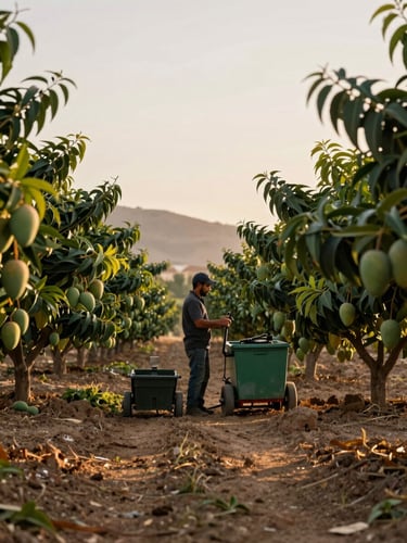 Environmental wide shot of an Almería tropical fruit farm, a grower standing beside a row of mango trees with harvesting equipment nearby, golden hour side light, soil path visible in foreground, hazy hills in background, documentary framing with no posing